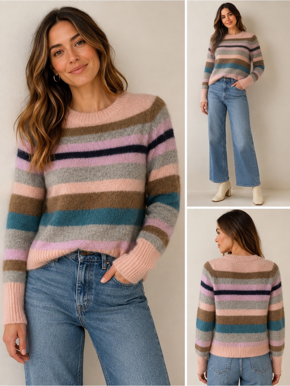 Point Sur Alpaca Merino Wool Striped Sweater Pink Gray Blue Size Large Like New